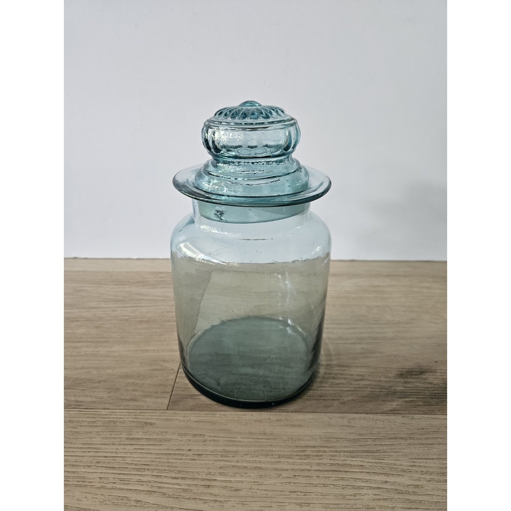 Vintage Takahashi Glass Apothecary Jar Teal Blue Green MCM Canister With Lid 8"